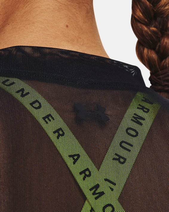 Damen UA Crop-Top aus Netzstoff mit Stehkragen, langärmlig, Black, pdpMainDesktop image number 4